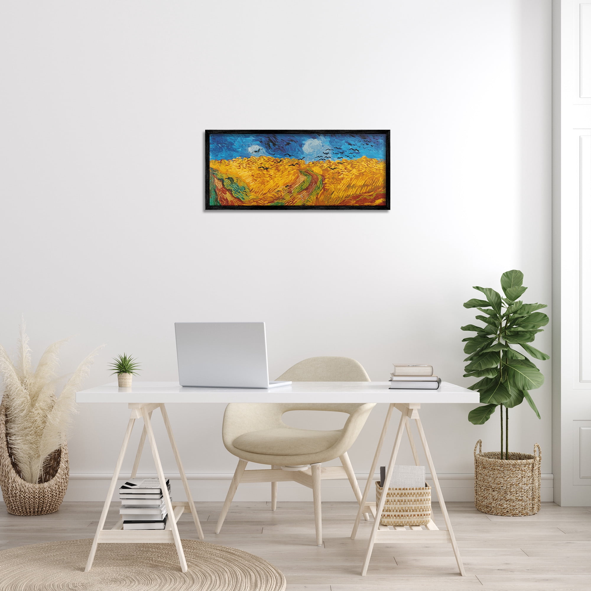 Stupell Industries Wheat Field with Crows Classic Landscape Painting Black Framed Art Print Wall Art, 30 x 13