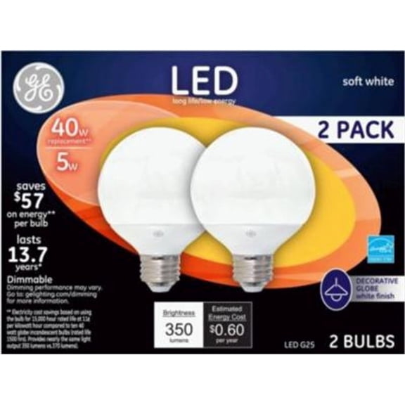 GE 17809 Globe LED Lamp, 5W, White, 350 Lumens, 2-Pack