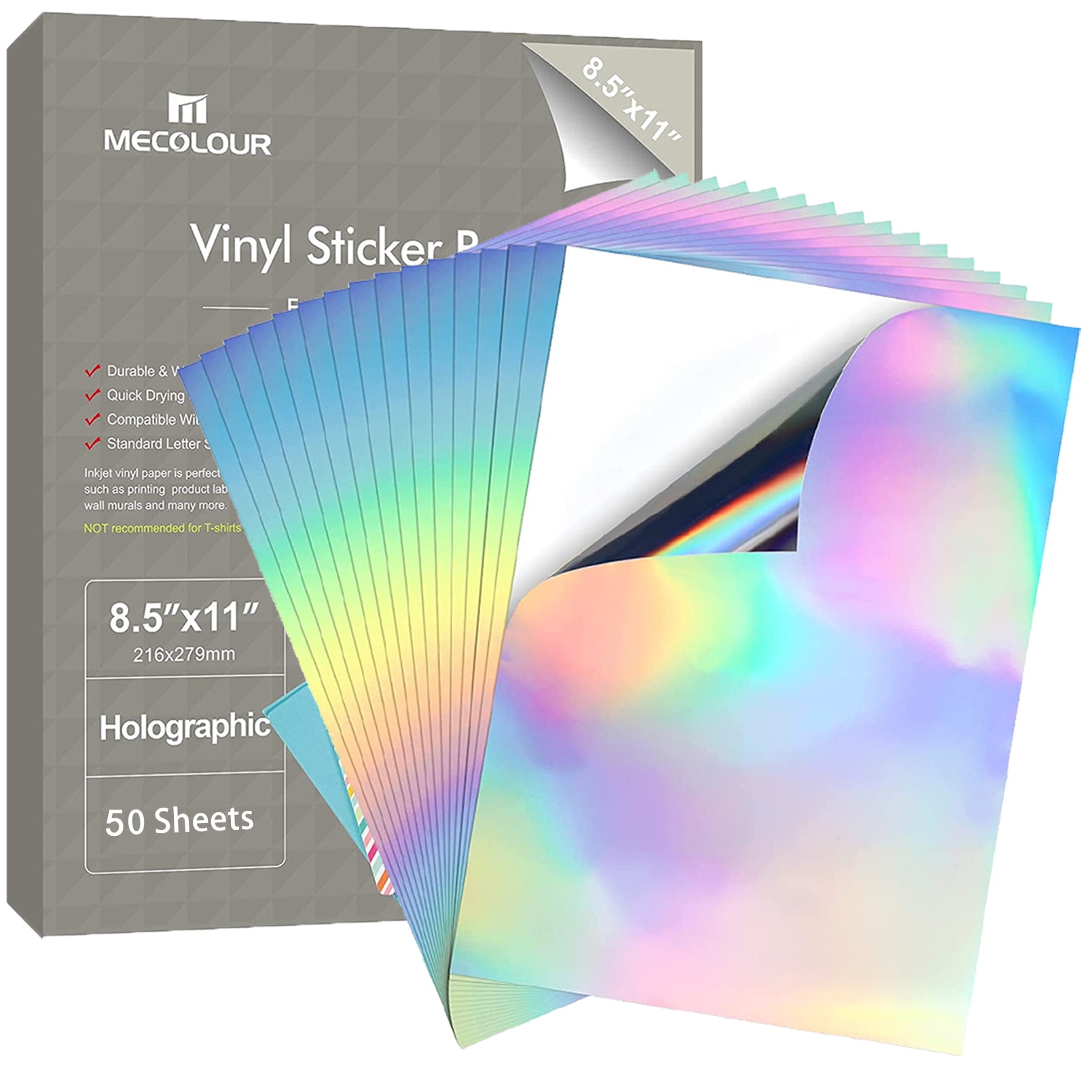 Printable Holographic Sticker Paper for Your Inkjet Printer 8.5 x 11 Inches Dries Quickly Waterproof Sticker Paper Rainbow Vinyl Sticker Paper 20 pcs 