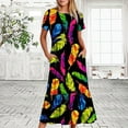 thumbnail image 2 of Penkiiy Women's Summer Casual Short Sleeve Crewneck Feather Print Dress Casual Flowy Tiered Maxi Beach Dress With Pockets M Black, 2 of 6