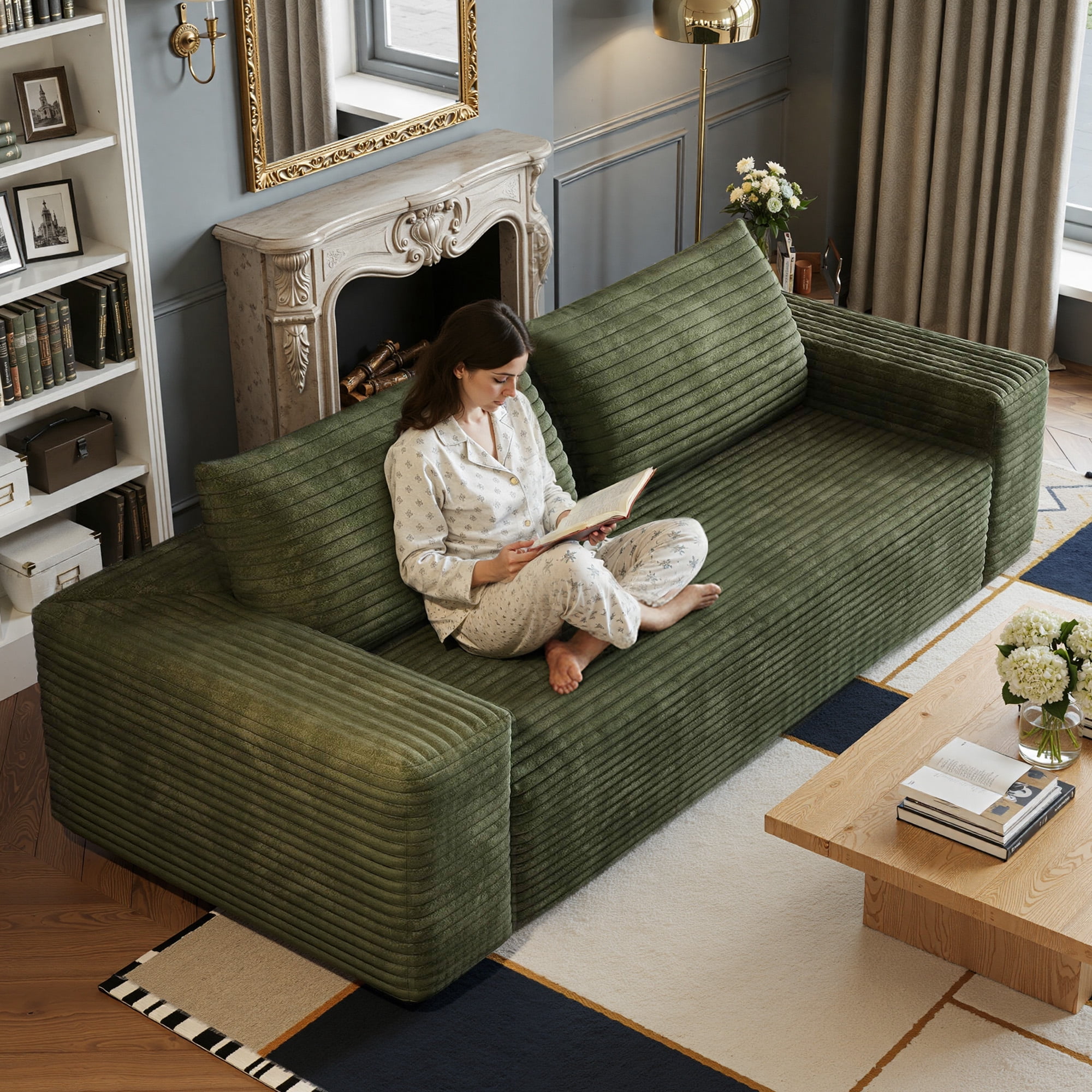 MAYEERTY 63" 2-Seater Sofa Green Corduroy Deep Seat No Assembly Living Room/Bedroom/Conference Room