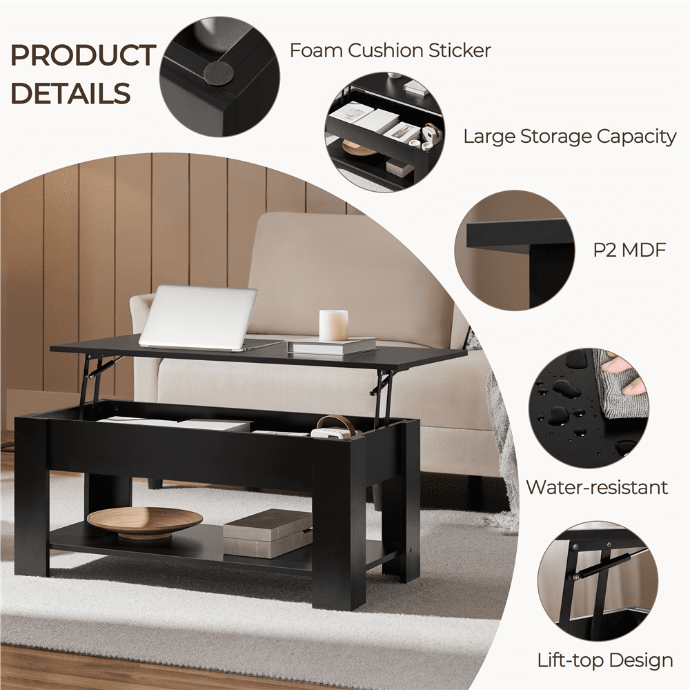 Alden Design Modern 39" Wood Lift Top Coffee Table with Lower Shelf for Living room, Black