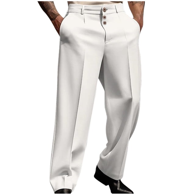 Pantalones de hombre de longitud completa con bolsillos inclinados, botones y cremallera, estilo occidental, de poliéster.