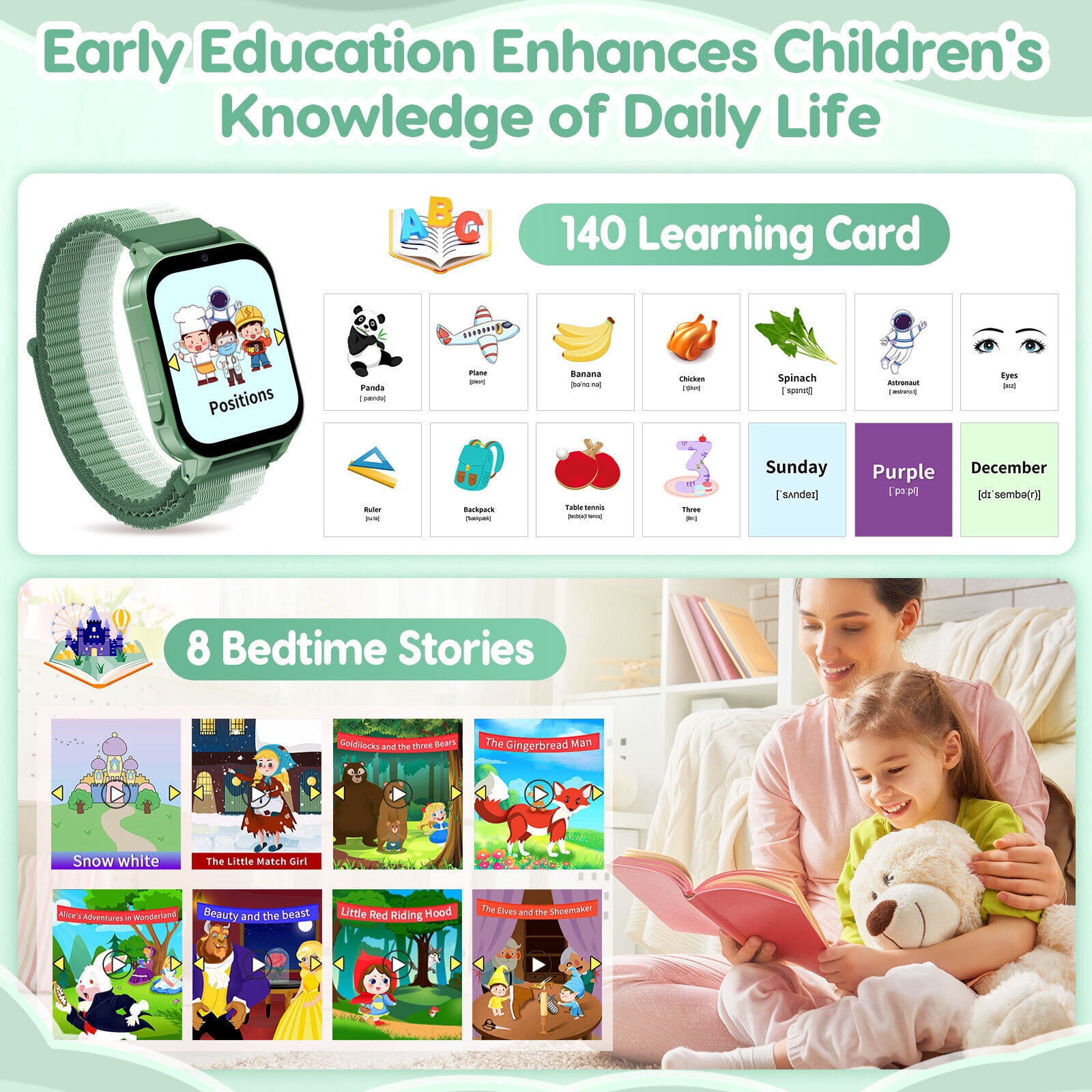 TOPCHANCES Kids Smart Watch for Boys Girls, Touch Screen Smartwatch with 30 Games, 140 Learning Cards, Storytelling, Camera, Video, Music Player, Pedometer (Green)