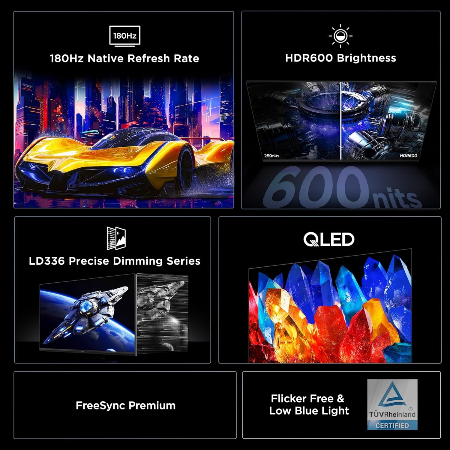 Restored TCL 32” G64 Series QHD HDR QD-Mini LED Gaming Monitor, 180Hz Refresh Rate, LD336 Precise Dimming Series, HDR600 Brightness, 1ms, AMD FreeSync (Refurbished)