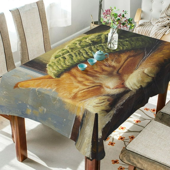 BZSMCE Square Tablecloth Sleepping Green Caps Cat Pattern Tableclothes