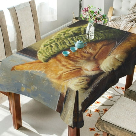 

BZSMCE Square Tablecloth Sleepping Green Caps Cat Pattern Tableclothes