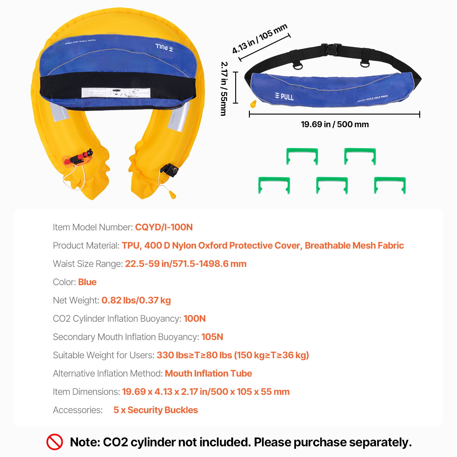 KFFKFF Adult's Manual Inflation Belt Pack, 105N Buoyancy,Suitable for Over 80 Pounds and Waist Up to 59 in Adjustable, Inflatable PFD Belt for SUP Paddleboarding,Kayaking,Blue (CO2 Cylinder Excluded)