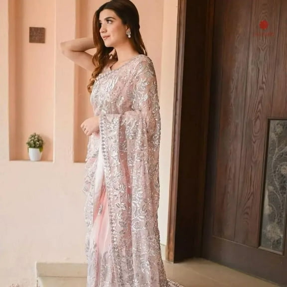 Dusty Pink Sequins Embroidered Georgette Saree