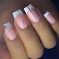 thumbnail image 4 of 24 uds. Uñas postizas con punta francesa, cuadradas, medianas, acrílicas brillantes con purpurina, rosa y blanco, pegamento para uñas, para manicura DIY, fiesta o regalo de boda, 4 of 7