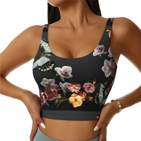 Xecao Butterfly with Fowers for Sports Bra with Removable Pads  Crop Tank Top Design  Women s Longline Sports Bra - Non-Wired - Large