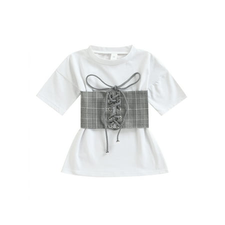 

ZIYIXIN Summer Little Girls Dress 2pcs Solid Straight Mini Dress With Plaid Printed Bandage Vest White 2-3 Years