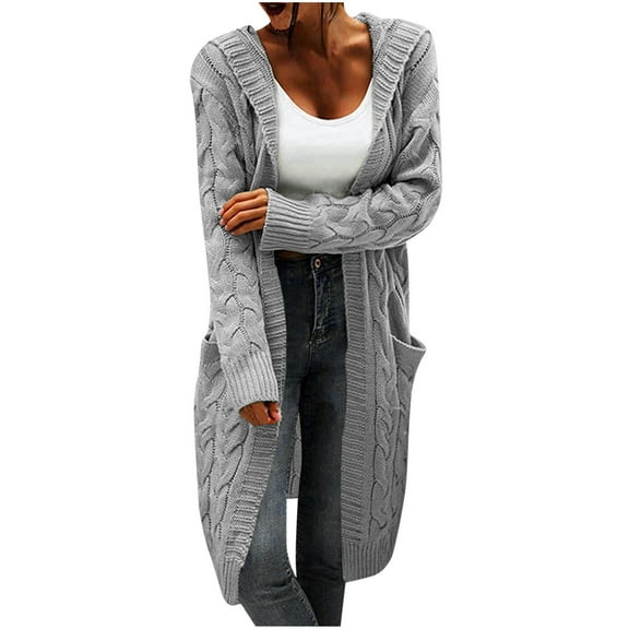 Lolmot Women Hooded Open Front Cardigan Sweaters Cable Knit Sweaters Solid Color Chunky Long Sweater Cardigan Coats with Pockets