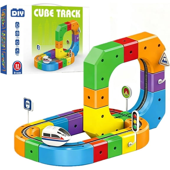 BOSALY Electric Train Set Flexible Race Track, Car Track for Toddlers Toys, Building Toy Train Track Gravity-Defying 3D Embedded Layouts & Motorized Car, Montessori Kids Games for Xmas Gifts (51pcs)
