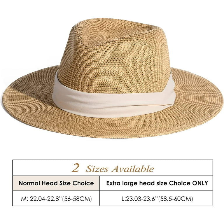 Panama Hat Sun Hats for Women Men Wide Brim Fedora Straw Beach Hat UV UPF  50- Khaki Beige- M 