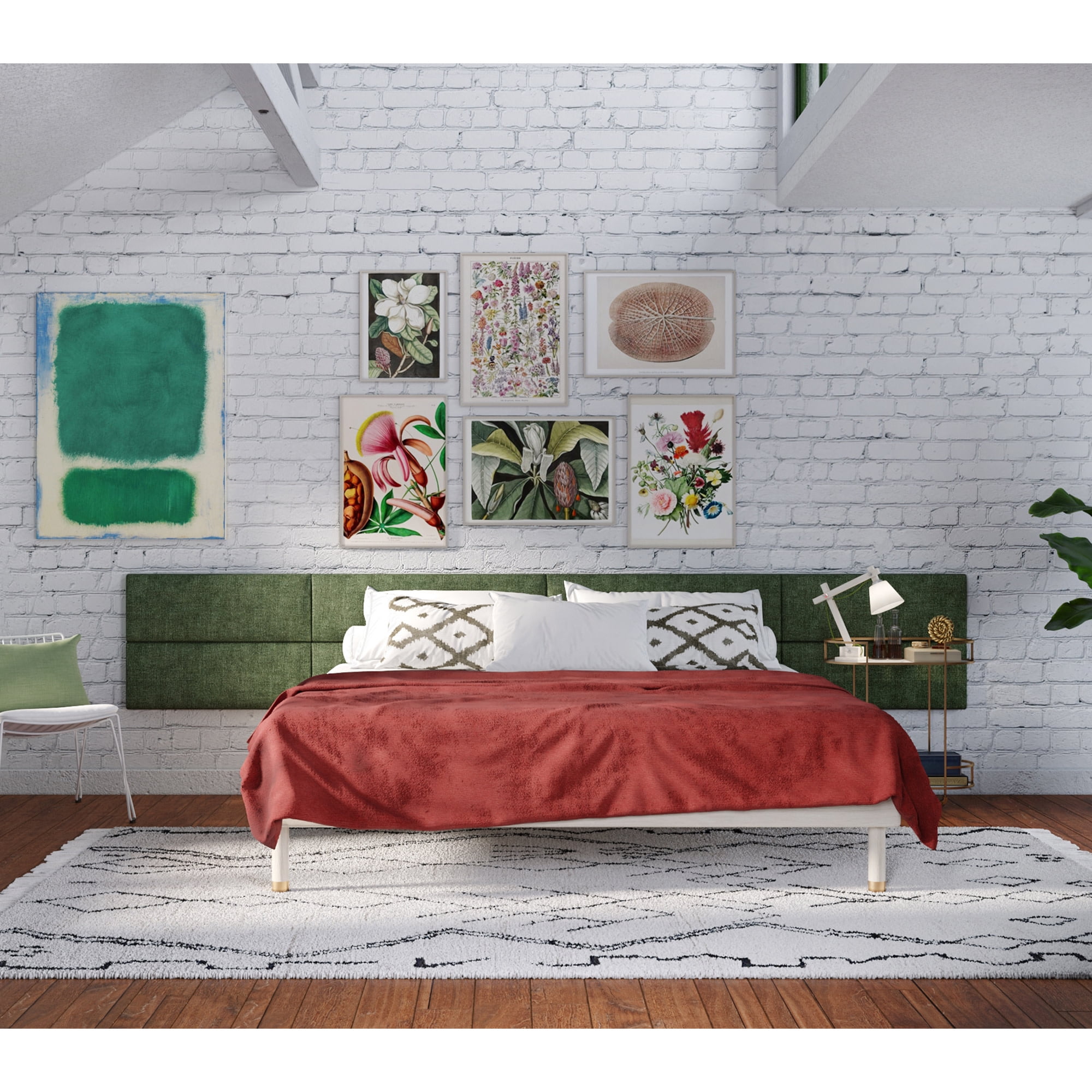 Jaxx Panelist Modern Padded Headboard – Set of 4 Wall Mounted Panels - King, Cypress Green Microvelvet