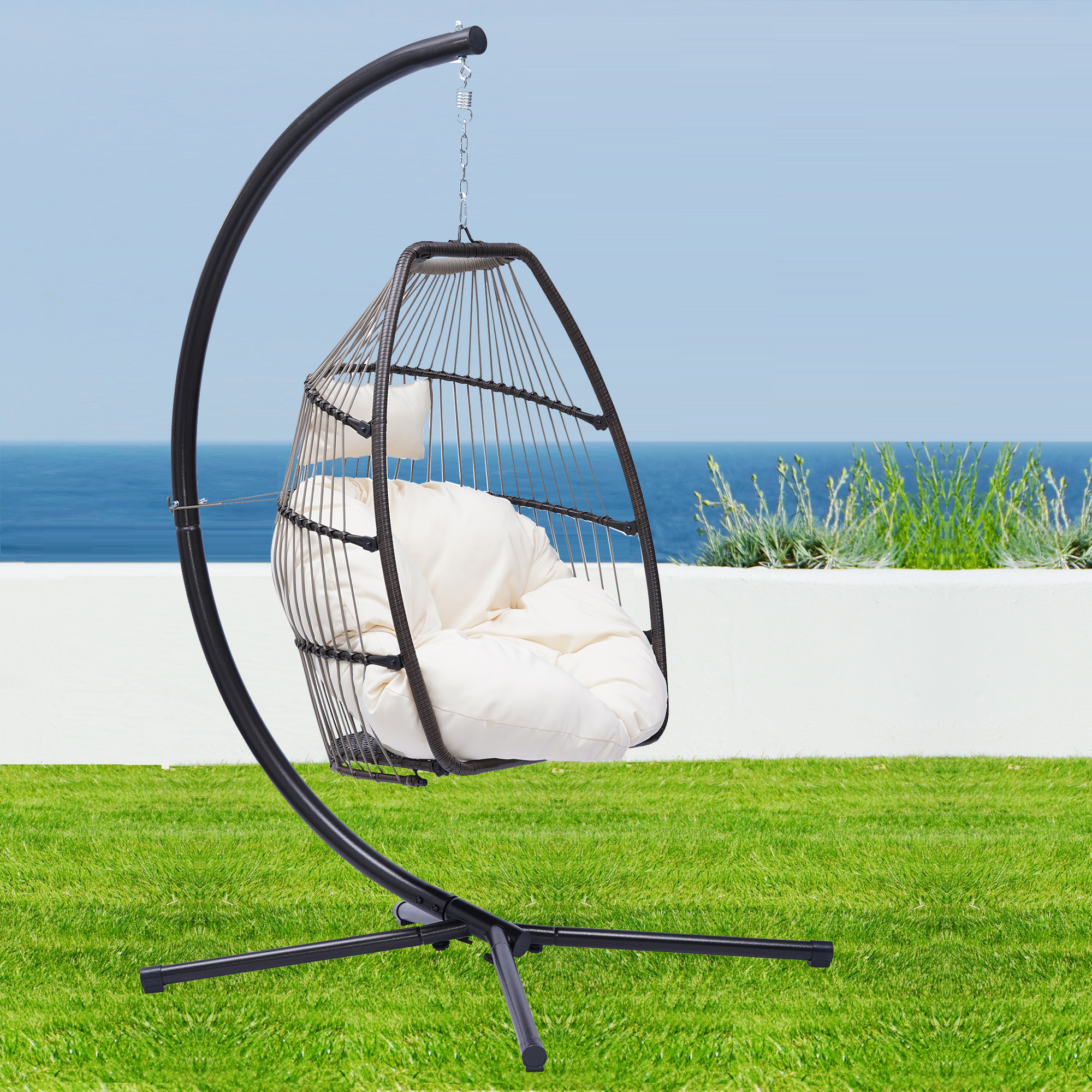 uhomepro Wicker Hanging Egg Chair, Outdoor Patio Furniture with Beige Cushion, Hanging Egg Chair with Stand, Swinging Egg Chair, Outdoor Chair for Beach, Backyard, Pool, Balcony, Lawn, W11040 - image 1 of 6