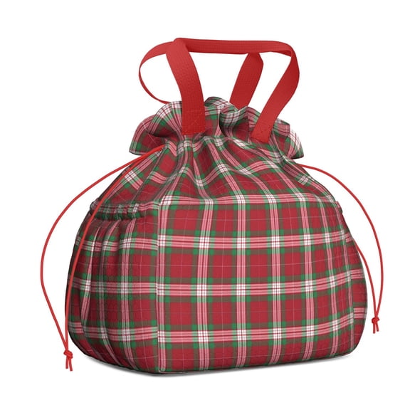 Red and Green Christmas Plaid Pattern Drawstring Lunch Bag Women - Drawstring Lunch Bag Insulated for Work Office - Stain-Resistant Large Lunchbags for Women with Multi-Pockets