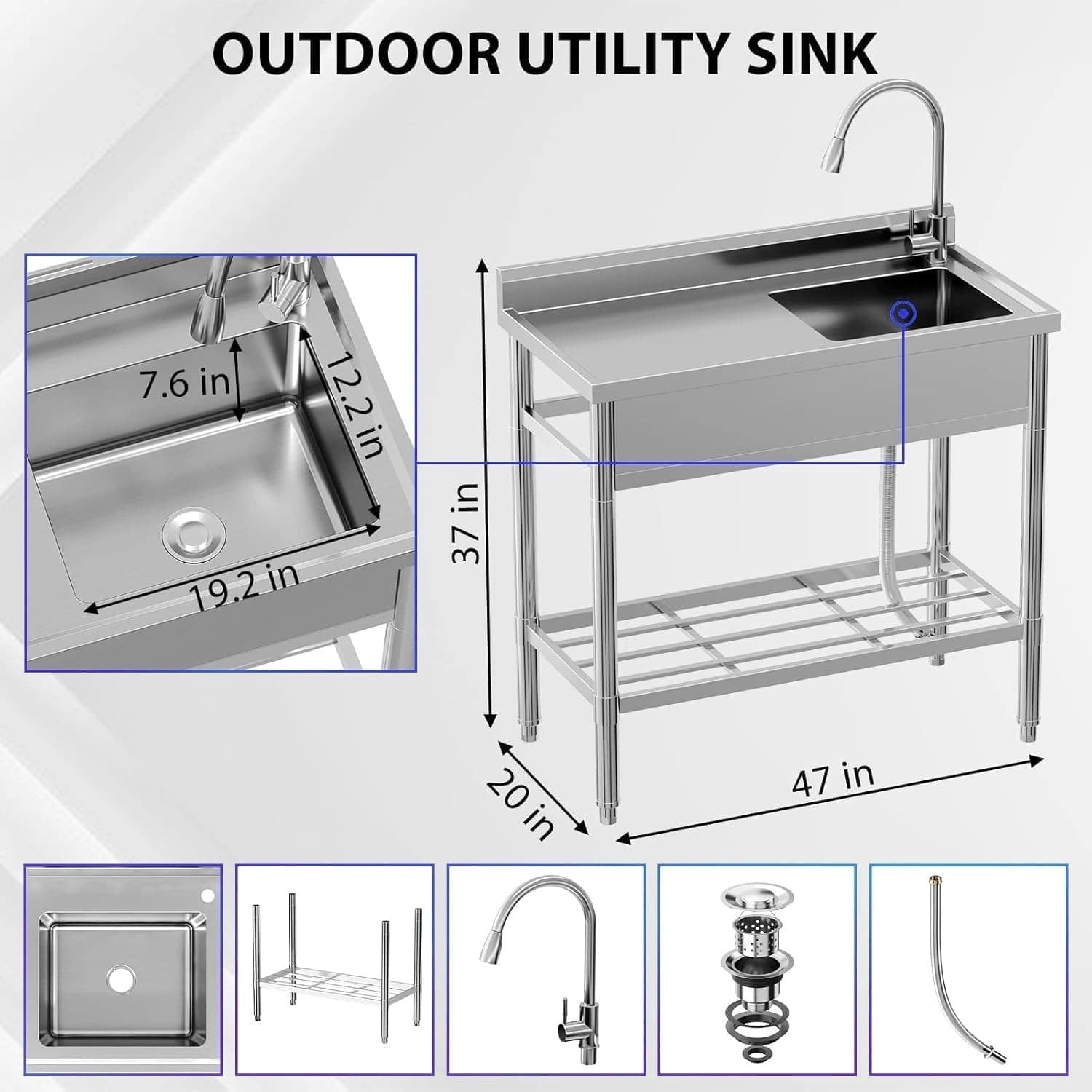 EastVita Stainless Steel Utility Sink Free Standing Single Bowl Sink with Cold and Hot Water Pipe Commercial Kitchen Utility Sinks for a Laundry Room Bathroom Kitchen Indoor Outdoor