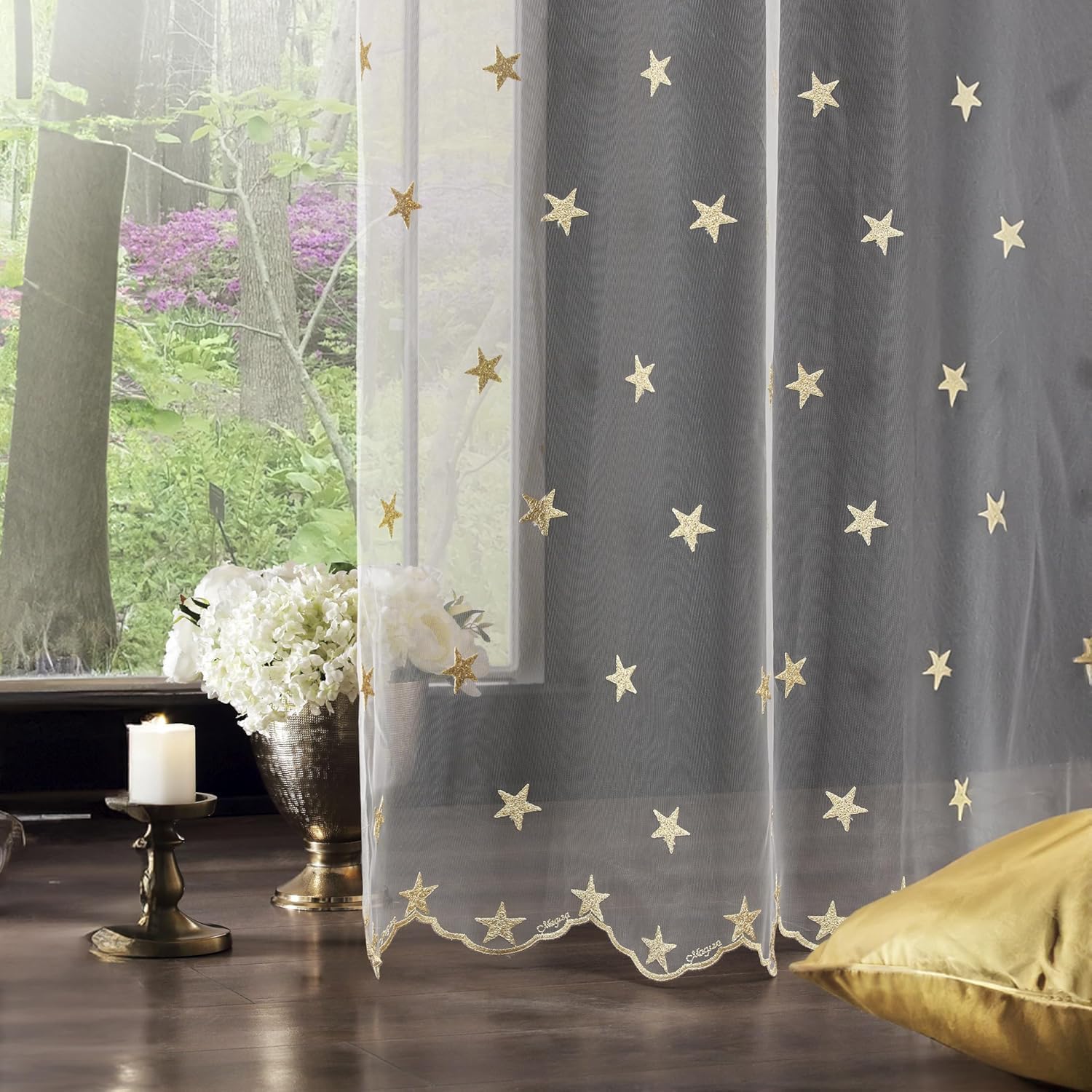 KFHDRS-Sheer Curtains, 84 Inches Long, 2 Panel Set, White Voile with Linen Lace, 3" Rod Pocket (Golden Stars, 52" W x 84" L, Pack of 2)
