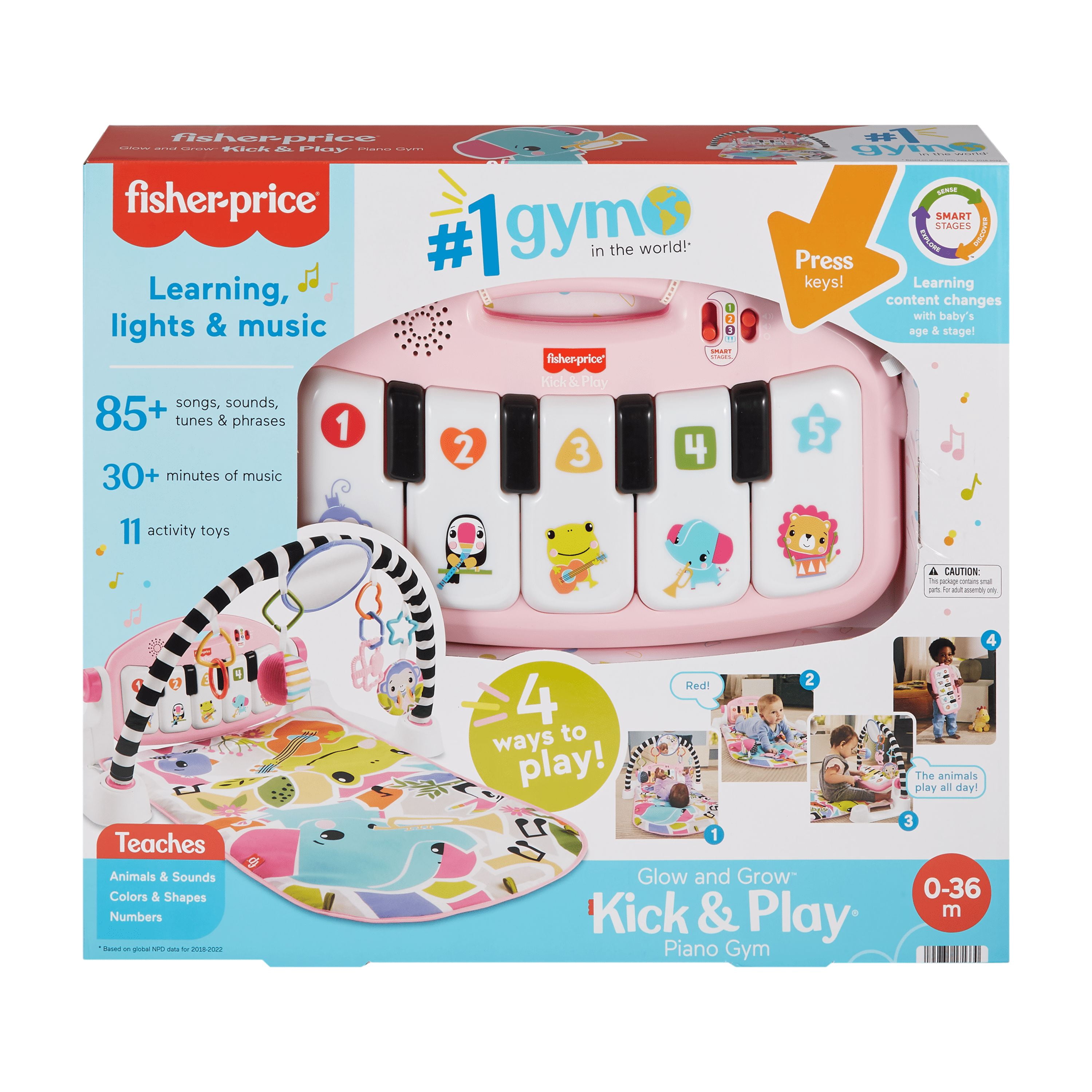 Fisher-Price Glow and Grow Kick & Play Piano Gym Baby Playmat with Musical Learning Toy, Pink