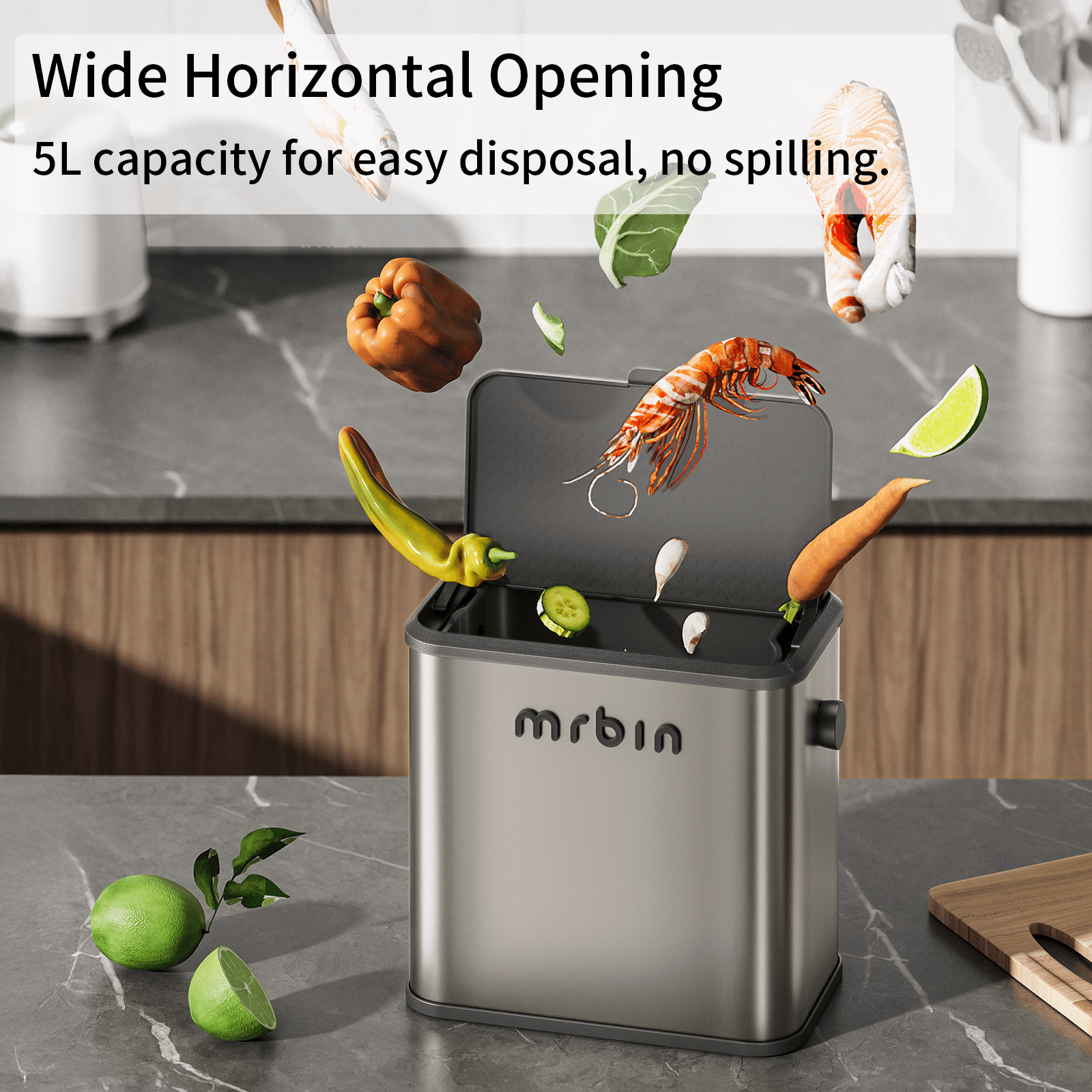 Mrbin Stainless Steel Compost Bin Hanging Trash Can for Kitchen Cabinet Door, 1.5gal / 6L Indoor Recycle Basket Countertop Food Waste Bin Under Sink with Inner Bucket Recycle Bin