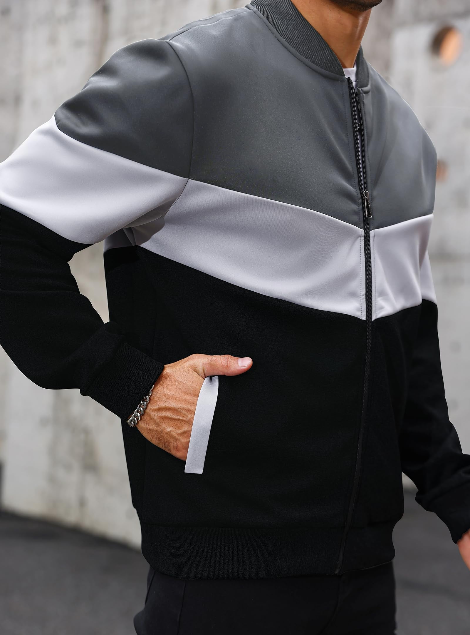 Fexilor Mens Lightweight Jacket Casual Bomber Jacket Color Block Varsity Coat