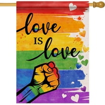 Gay Pride Love is Love Rainbow Decorative House Flag, LGBTQ Fist Hearts Garden Yard Outside Pride Month Decorations, Lesbian Transgender Bisexual Outdoor Large Home Decor Double Sided 28 x 40