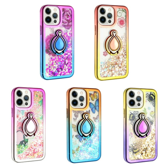 iPhone 13 Pro Phone Case, Slim Protective Ring Kickstand Glitter Dual Colors Multi-Function for iPhone 13 Pro Phone Case Gold/Purple