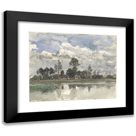 Julius Jacobus van de Sande Bakhuyzen 14x12 Black Modern Framed Museum Art Print Titled - Trees Reflect in the Water at a Cloudy Air (1845 - 1925)