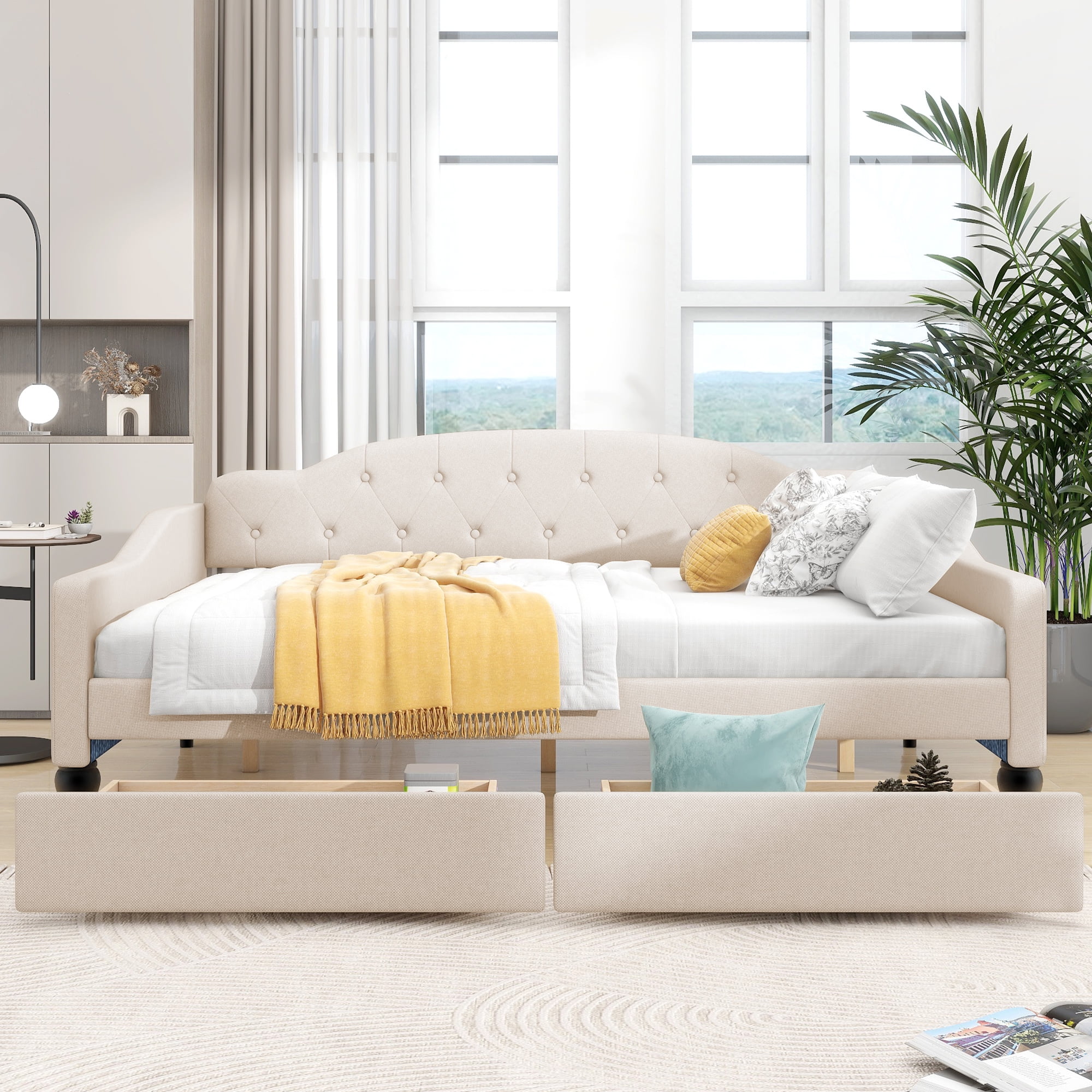 Alvantor Full Size Daybed with Twin Size Trundle, Upholstered Tufted Sofa Bed, Beige