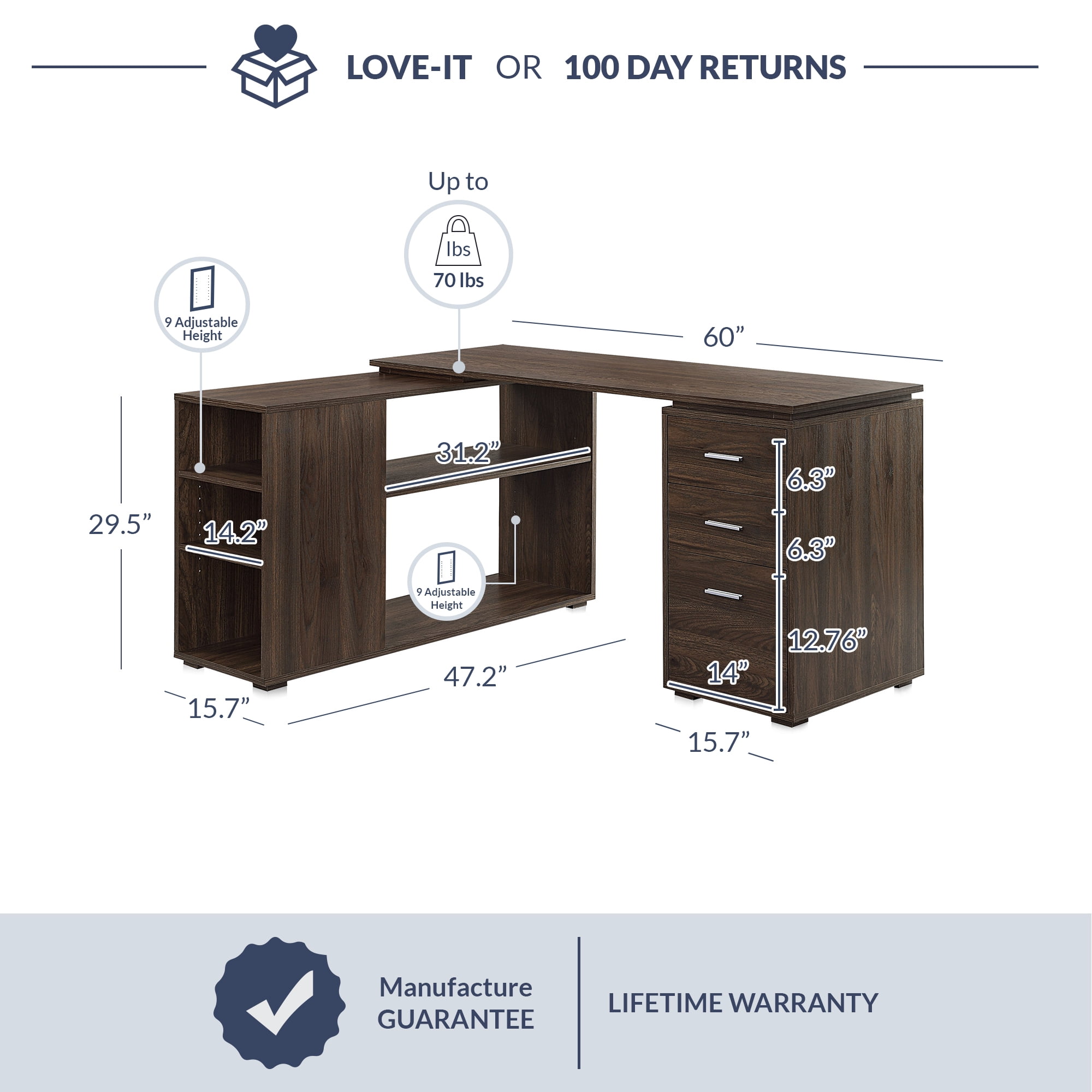BELLEZE Trition L Shaped Computer Desk Home Office Corner Desk With Open Shelves And Drawers, Dark Walnut