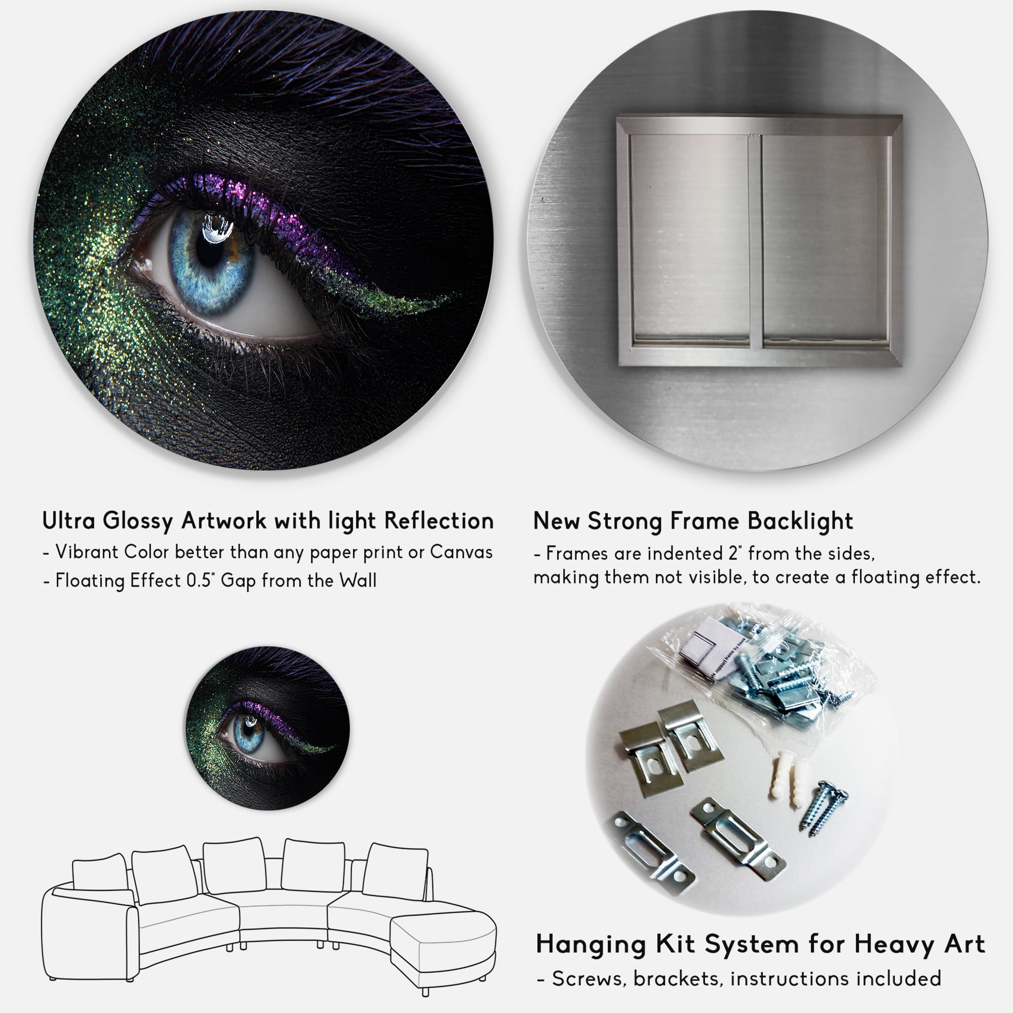 Designart 'Woman Eyes With Green & Purple Pigment & Sparkles' Modern Circle Metal Wall Art 23x23 - Disc of 23
