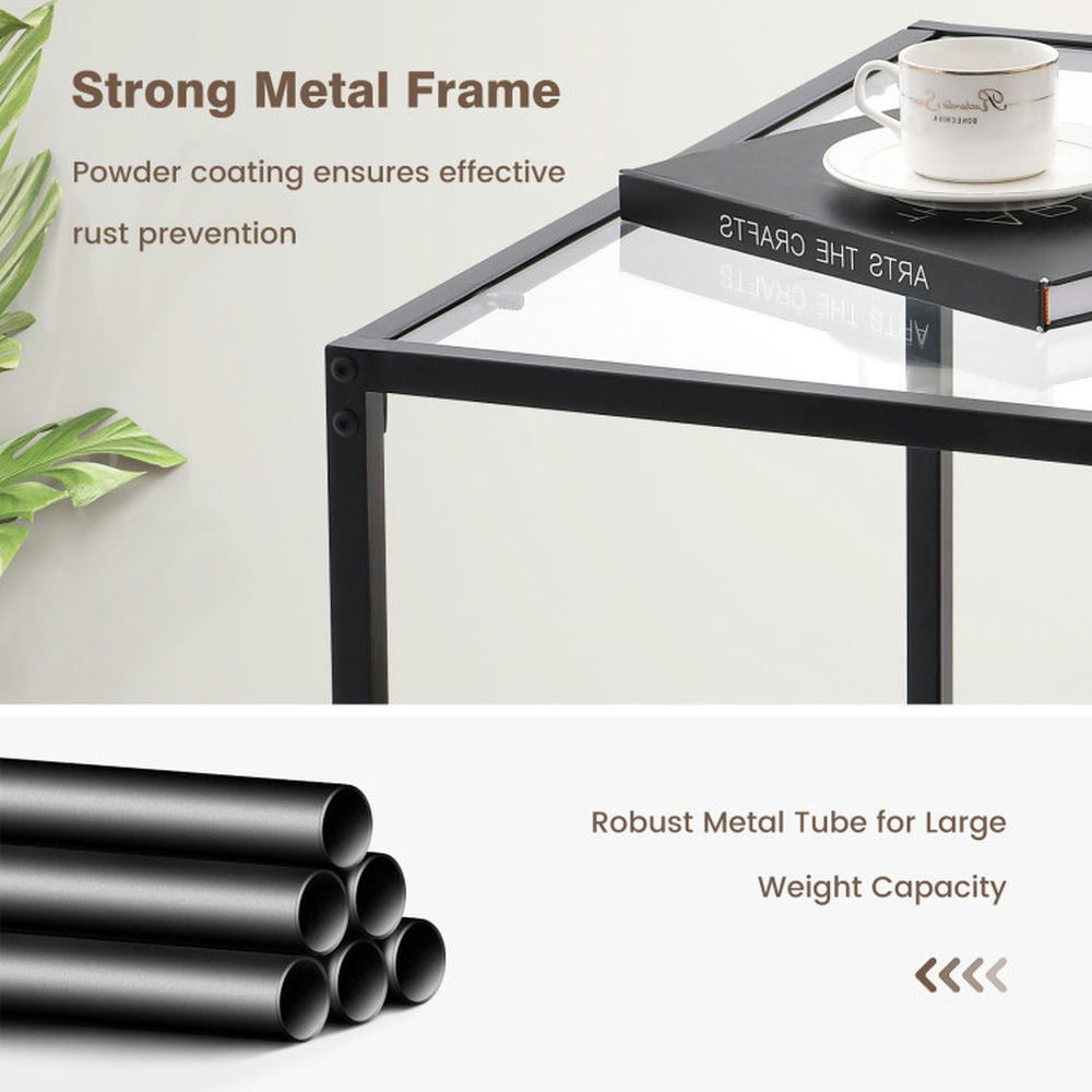 Finihen Coffee Table, Glass Coffee Table, Modern 2-Tier Square Glass Coffee Table with Mesh Shelf, for Living Room, Reception Room, Transparent Finihen Coffee Table, Glass Coffee Table, Modern 2-Tier Square Glass Coffee Table with Mesh Shelf, for Living Room, Reception Room, Transparent