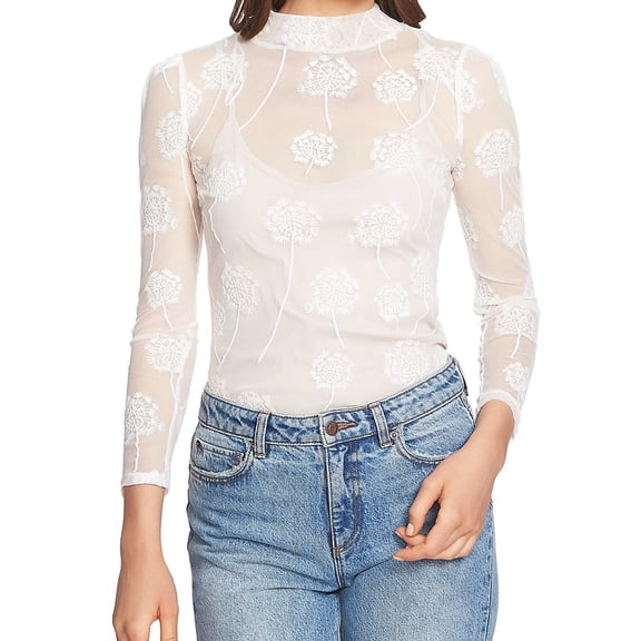 1.STATE Womens Sheer Embroidered Pullover Blouse, White, Medium