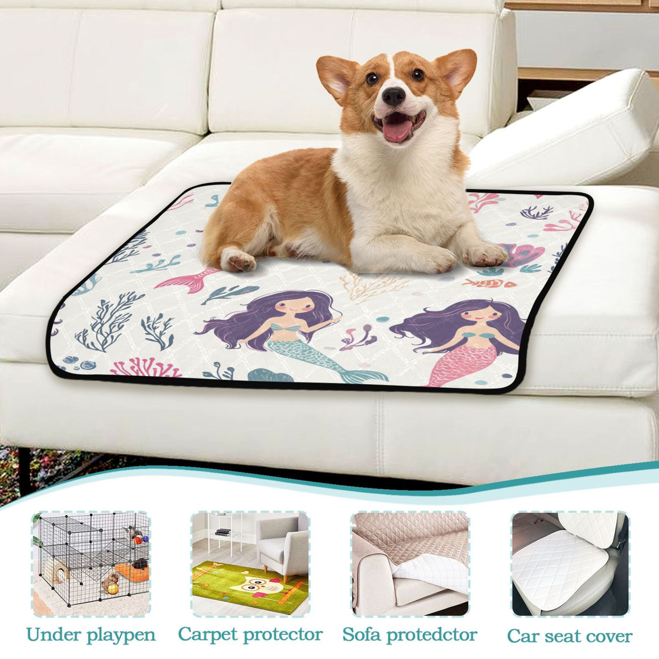Washable Pet Pee Pads with Super Absorbent Reusable Training Pads for Dogs & Cats Mermaids Pattern