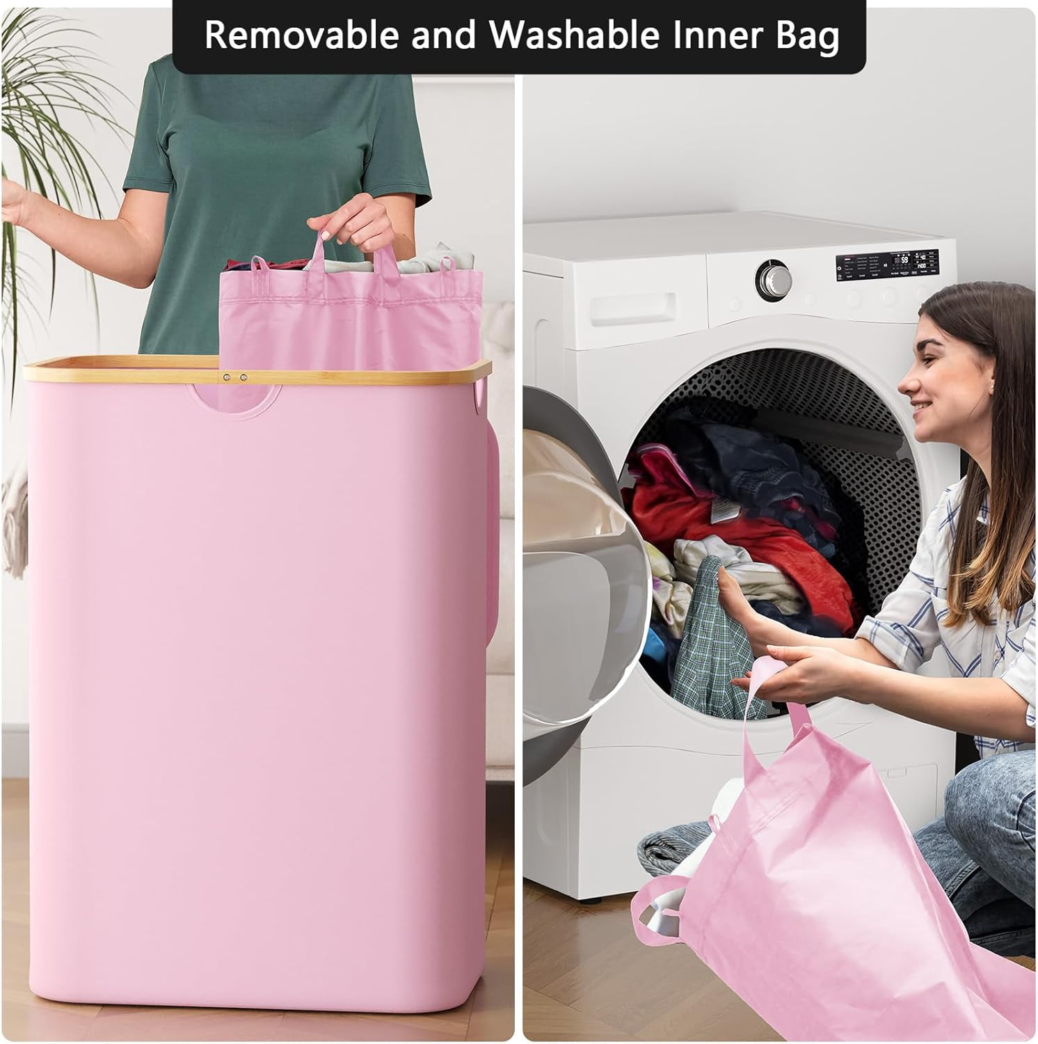 SpaceAid Double Laundry Hamper 2 Section with Lid and Removable Laundry Bags, 160L Clothes Basket, Pink