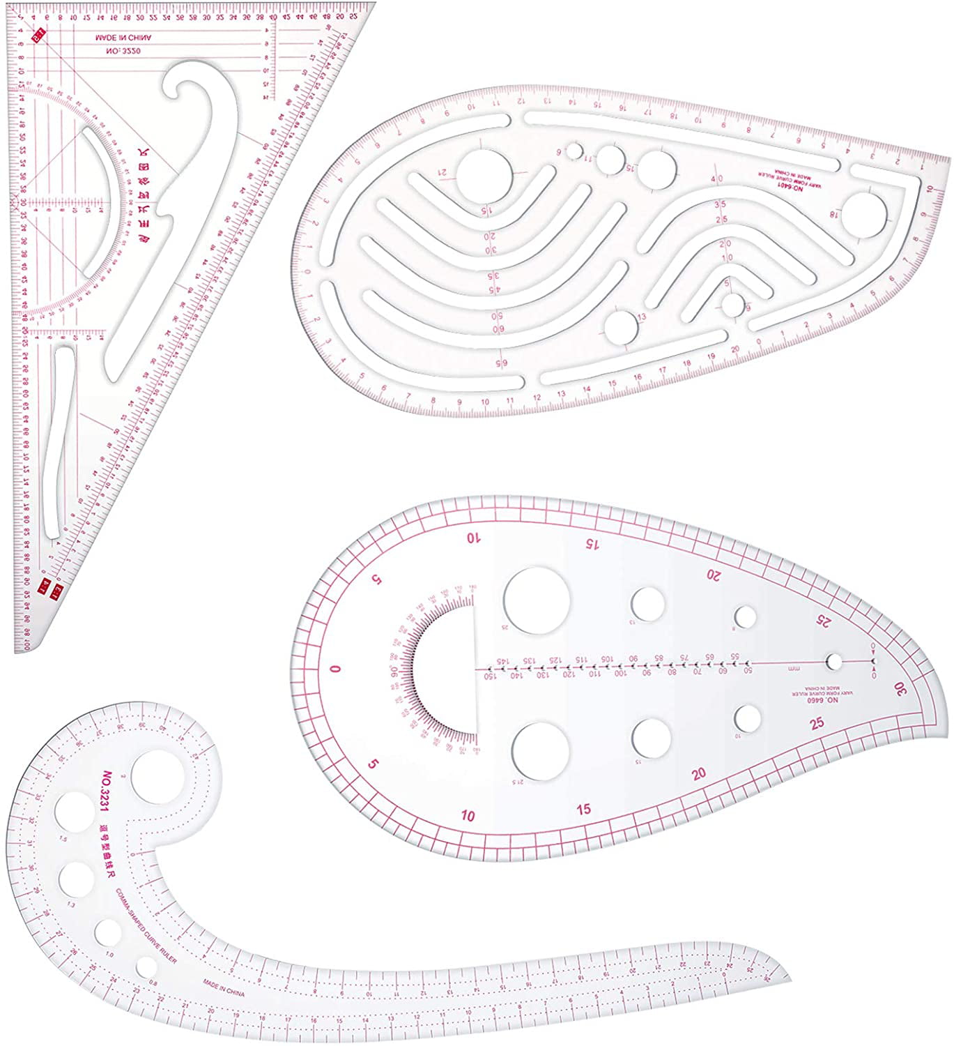 4 Pieces Curve Metric Shaped Ruler French Curve Sewing Ruler Beveled Transparent Ruler with Transparent File Bag for Sewing Dressmaking Pattern Design DIY Making Tailor Designers Tools 