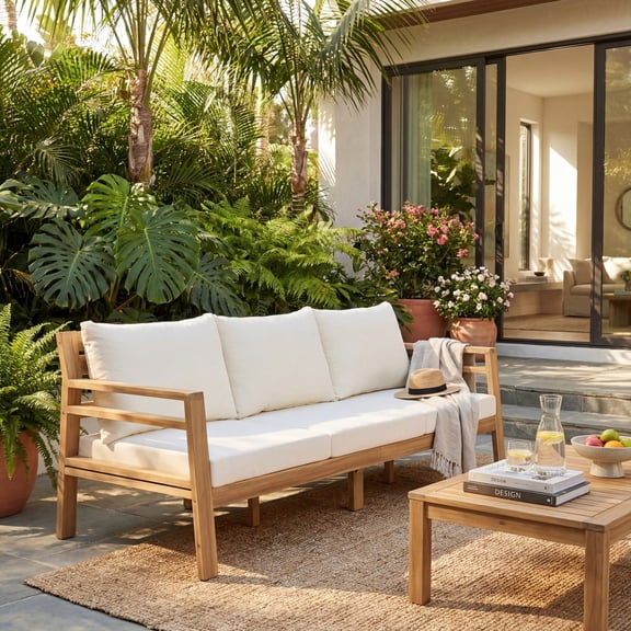 Christopher Knight Home 76" Outdoor Acacia Wood 3-Seater Sofa with Curved Backrest, Light Teak Beige