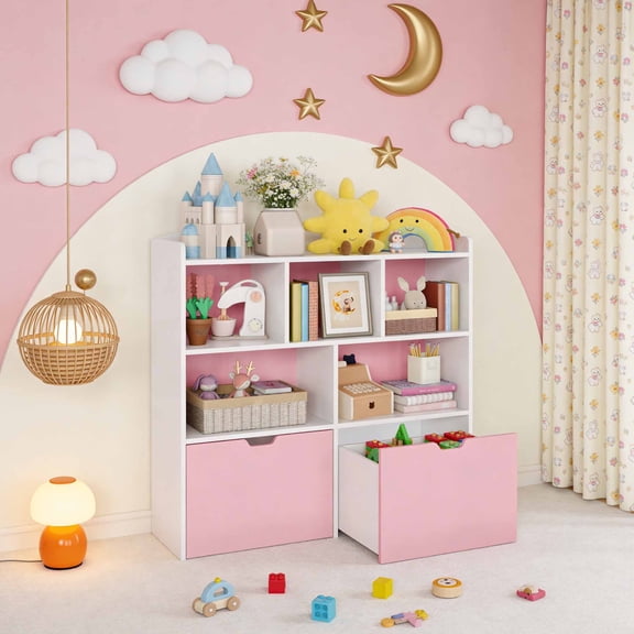 Storage Organizer with 2 Movable Drawers, Organizer with 5 Open Cubbies, Multifunctional Floor Storage Chest for Playroom