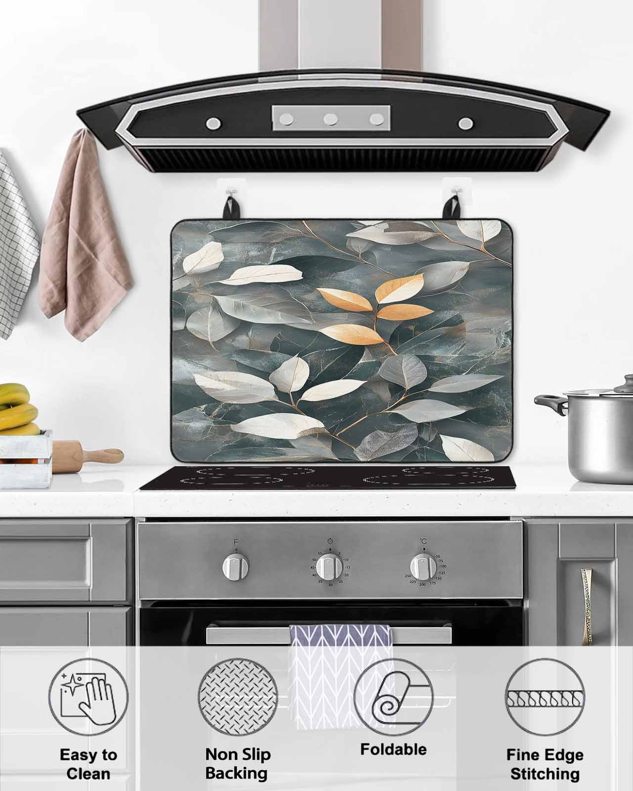 nqOlkjepod Large Induction Cooktop Protector Mat 24"x21", Botanical Leaves Stove Top Covers for Electric Stove, Vintage Leaf Plants Vines Branches Stove Burner Cover Mats, Glass Top Stove Cover