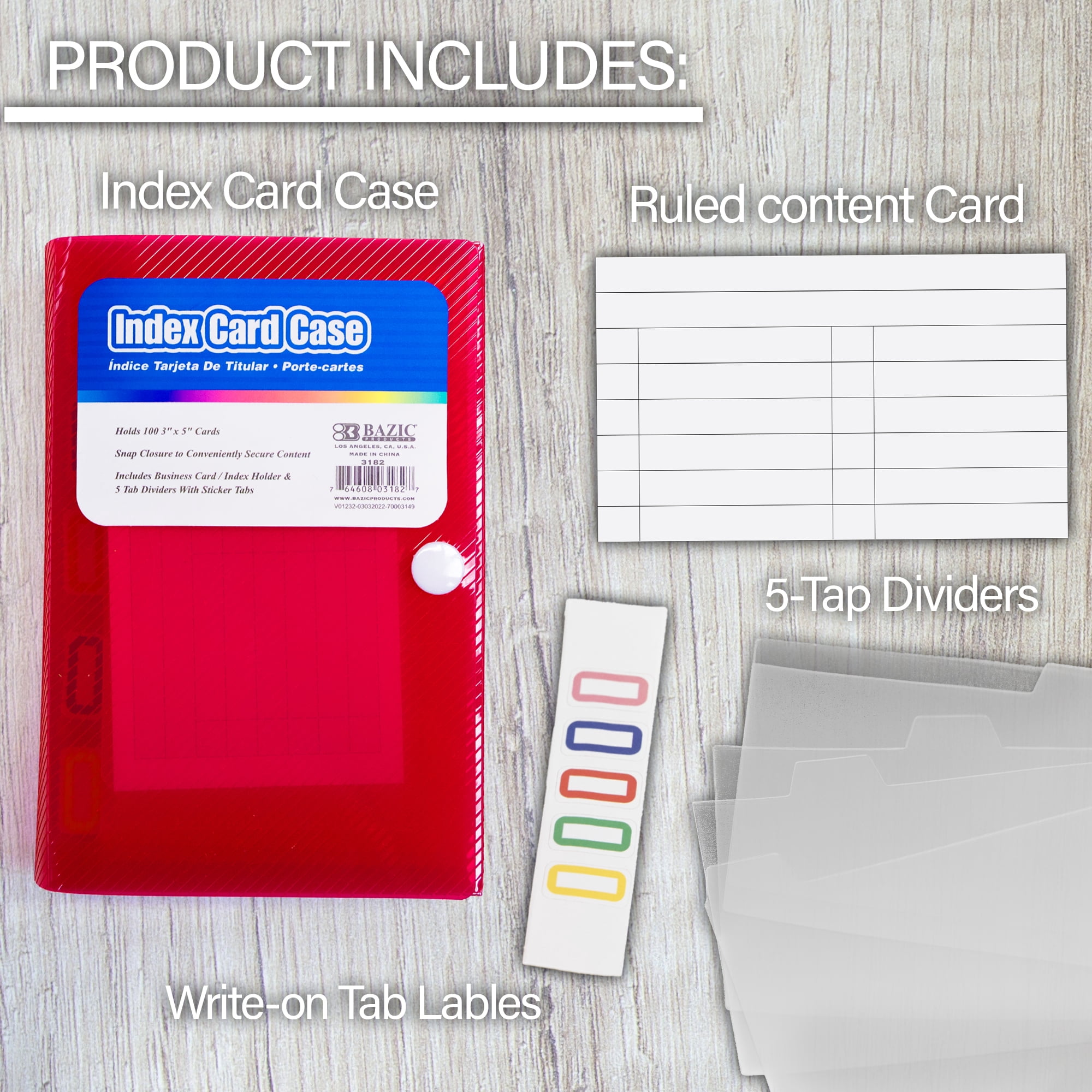 BAZIC Index Card Case w/ 5 Tab Divider 3"x5", 100 Cards Capacity, 36-Pack
