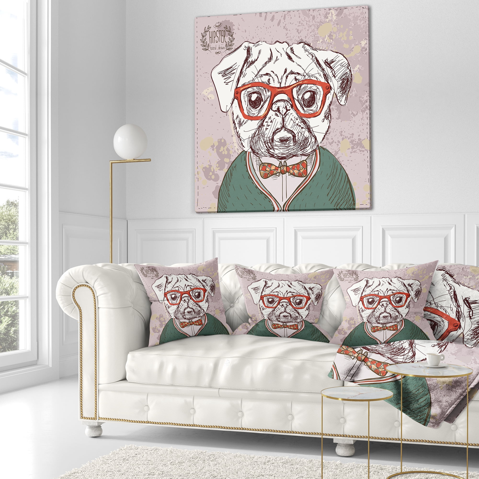 Designart Hipster Pug Dog in Vintage Style - Animal Throw Pillow - 18x18
