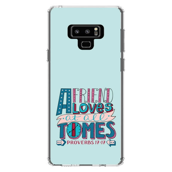 DistinctInk Clear Shockproof Hybrid Case for Samsung Galaxy Note 9 - TPU Bumper, Acrylic Back, Tempered Glass Screen Protector - Proverbs 17:17 - Clock - Friend Loves at All Times