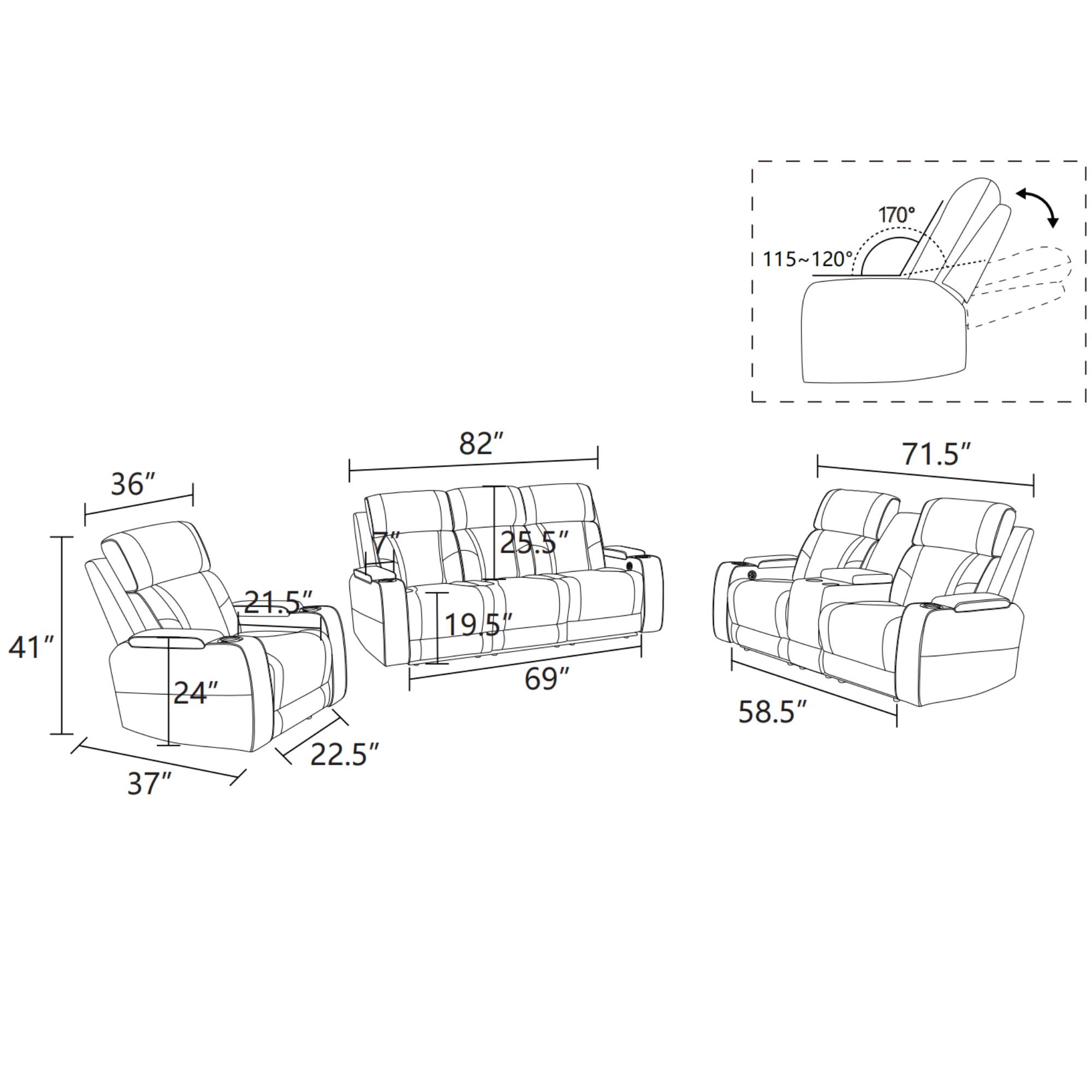 Overstuffed Recliner Loveseat Sets, Power Leather Recliner Chair with LED Light, Reclining Sofa for Living Room, Black