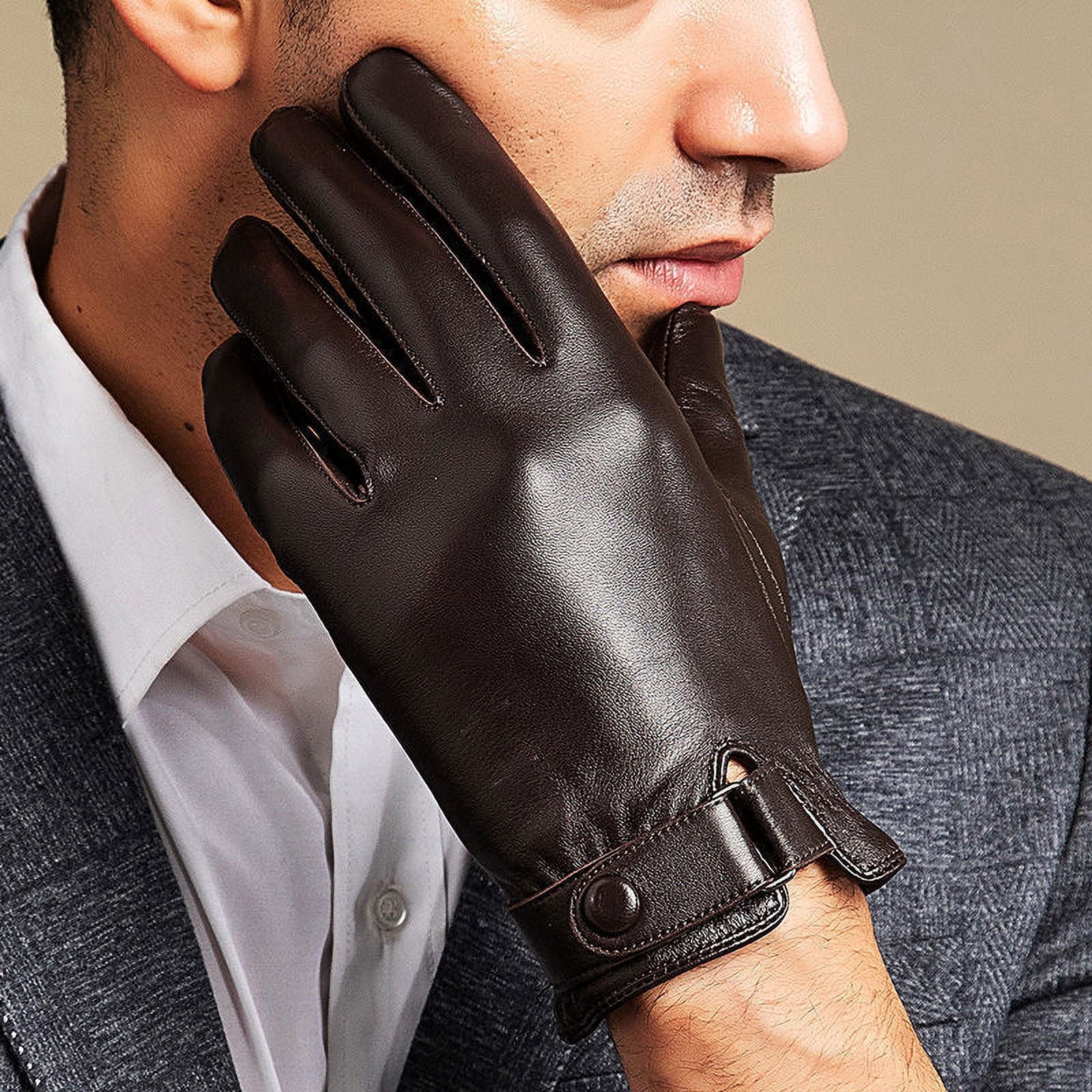 Genuine Leather Gloves Men's Winter Warm Leather Gloves Riding Motorcycle Driving Thin Fleece-lined Thickened Sheepskin Gloves-Black-M-Add fluff style