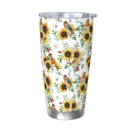 

KLL Sunflowers Leaves And Birds Print 40oz Stainless Steel Insulated Car Cup with Spillproof Lid - Keep Your Drink Hot or Cold on the Go-Without Straw