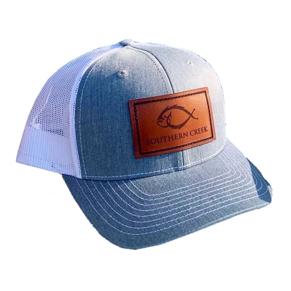 Southern Creek Classic Logo Fishing Hook Leather Patch Adjustable Trucker Hat, Heather Grey/White