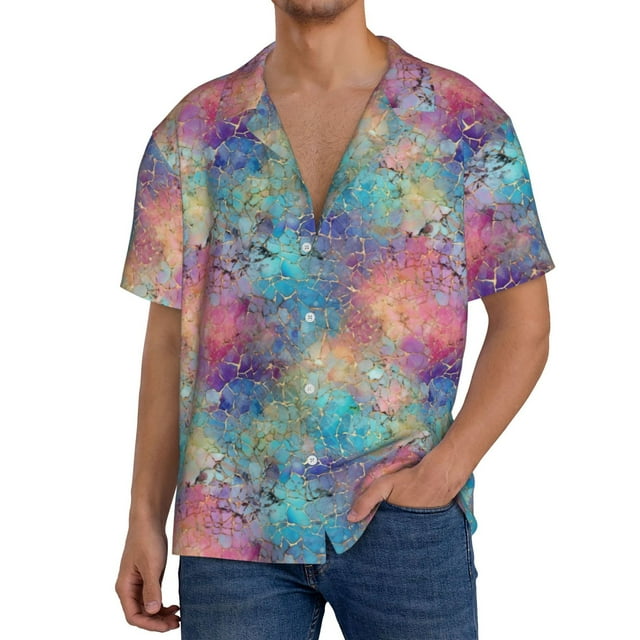 Balery blue pink colorful cracked texture Camisa Casual de Manga Corta con Botones para Hombre, Texturizada, Estilo Cubano, para Playa, Verano-Large