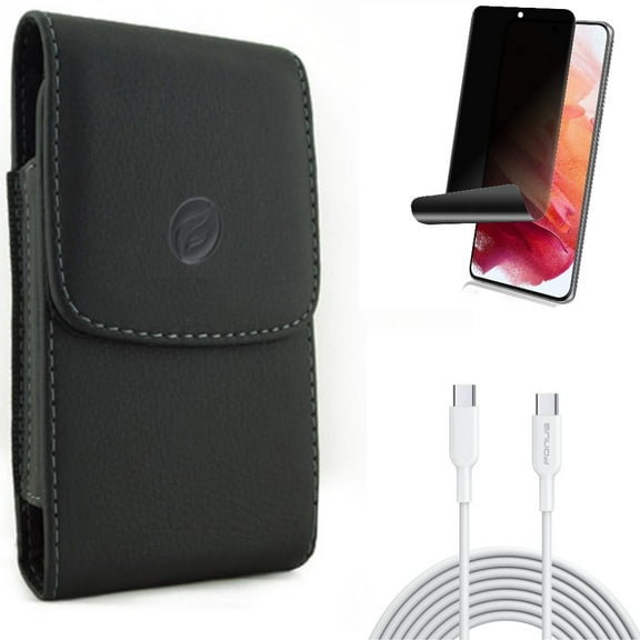 Case Belt Clip & 6ft Long Type-C Cable & Privacy Screen Protector for Samsung Galaxy S22 (6.1") - Leather Holster & PD Fast Charger Cord Power & TPU Film Fingerprint Works Accessory Bundle